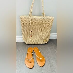 Woven Straw Tote & Tan Braided Strap Sandals